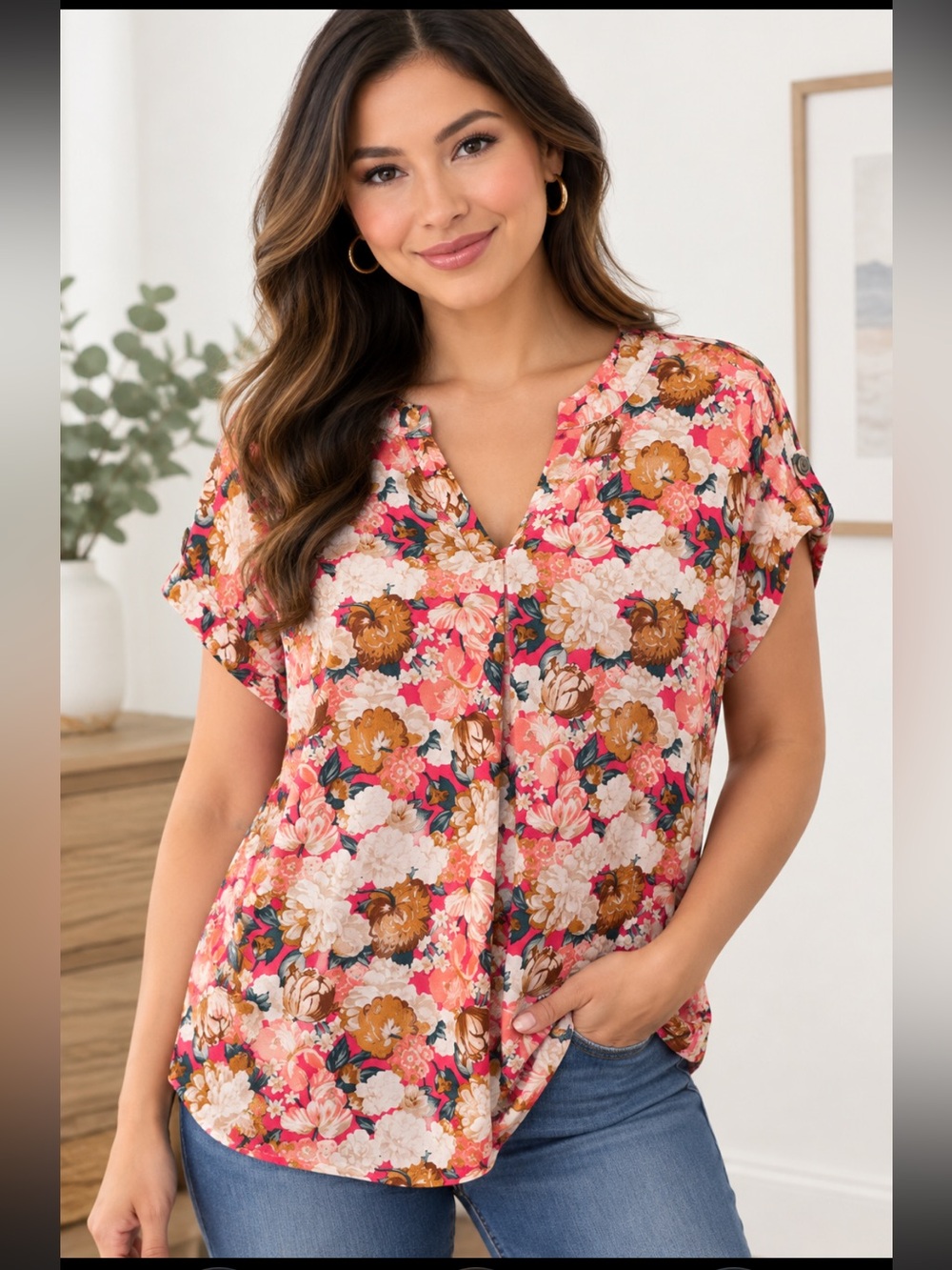 Dear Scarlett Floral V-Neck Women's Pink Top XL Short Sleeve
